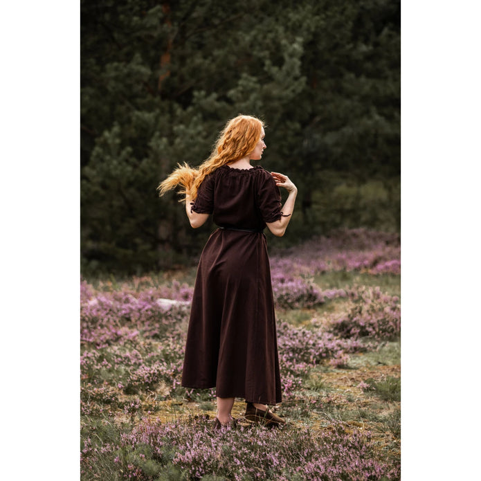 Melisande-päällysmekko, lyhythihainen puuvillamekko, ruskea takaa
