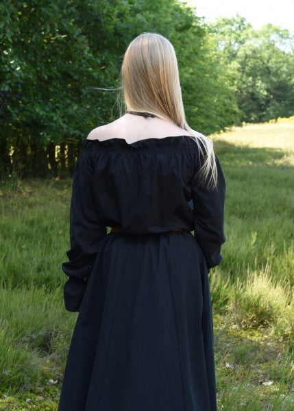 Carmen-pusero, röyhelökaulus ja puuvilla, musta takaa